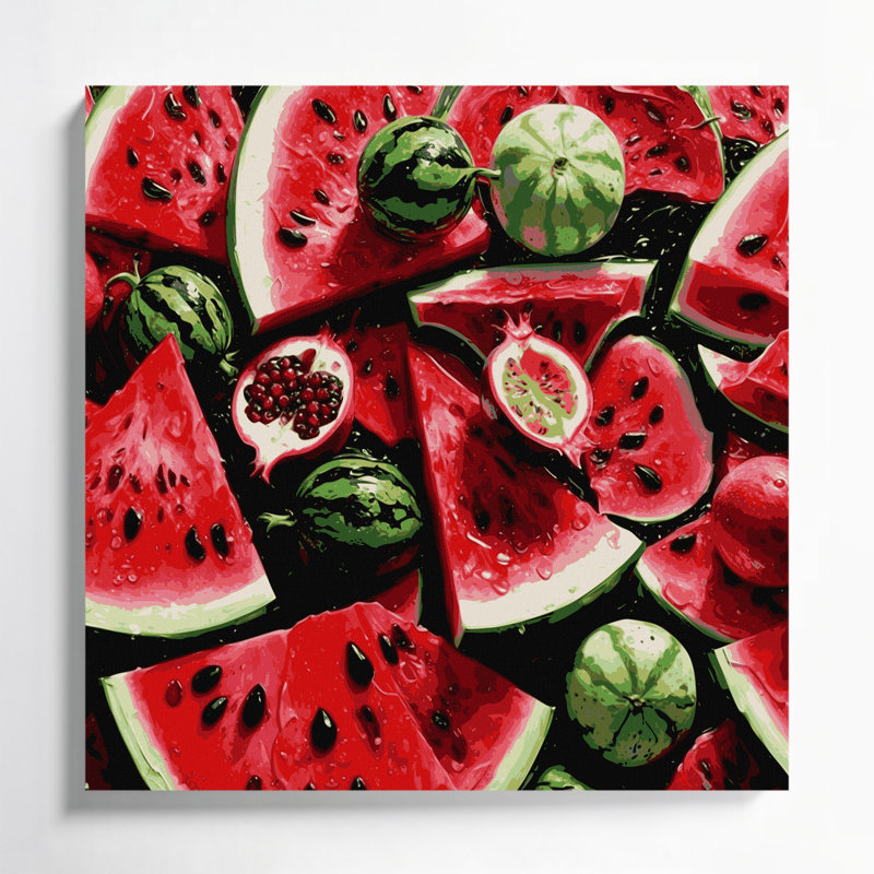 Art mural sur toile rouge avec fruits et melon d'eau, H 32 po x l 32 po