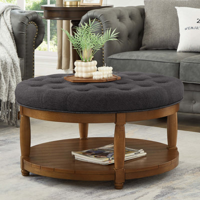Grande table basse ronde avec repose-pieds rembourré en lin capitonné, grand repose-pieds avec rangement en bois