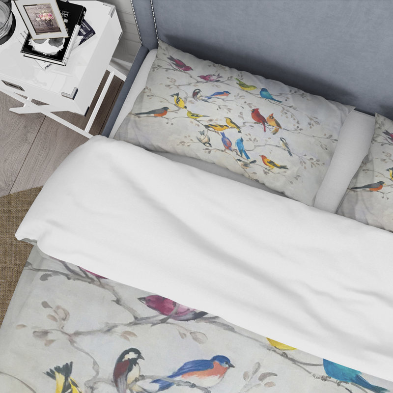 Multi-Color Bird Print Microfiber Full/Queen Duvet Cover Set