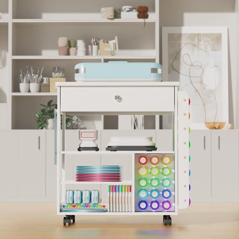 Craft Table Craft Cart Cricut Machine Crafting Cabinet Table for Craft Room, White/Silver