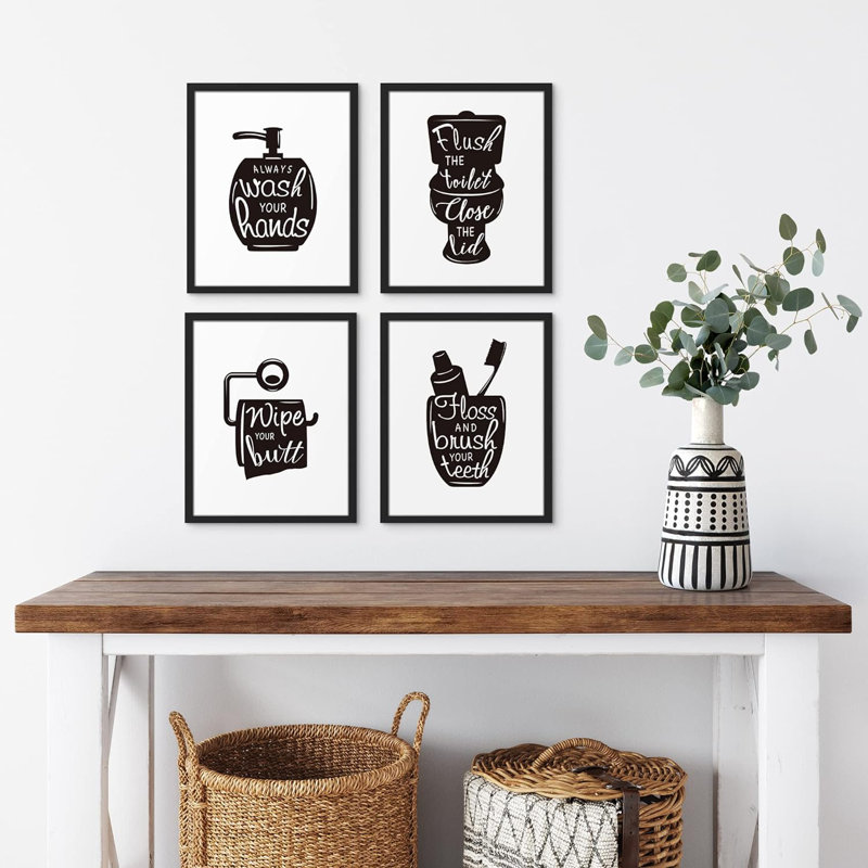 «Wash Your Hands», ensemble de 4 illustrations d'art mural, impression encadrée sur papier, impression 4 pièces, Noir