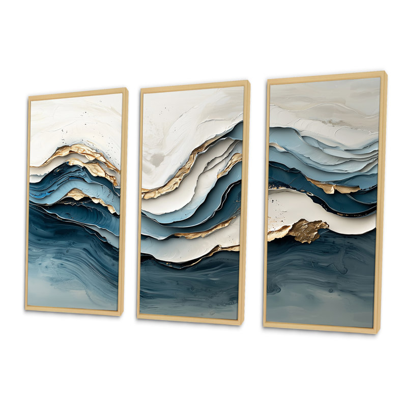 Marbre blanc et bleu, vague IV - ensemble d'art mural vagues côtières, H 40 po x l 60 po x P 1 po