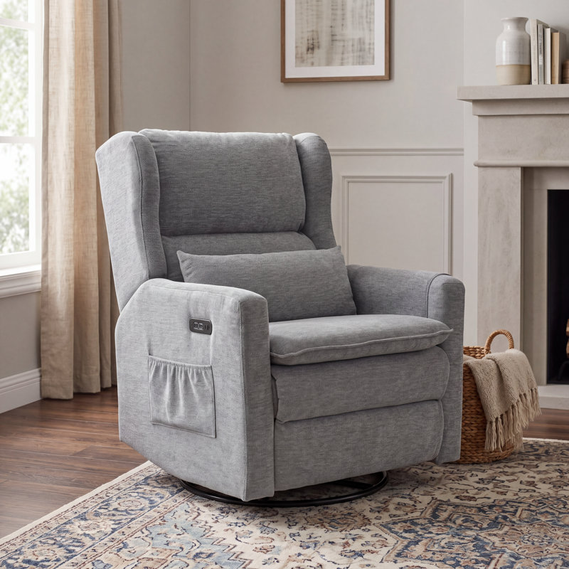 Oversized Swivel Rocker Recliner Chair, 26" Extra Wide Glider Nursery Chair with Adjustable Headrest, Chenille Power Recliner Rocking with Double Cushion, Cup Holder，Grey