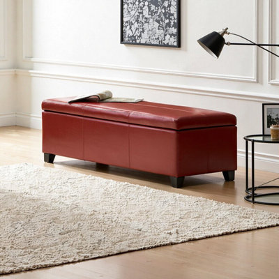 Red Upholstered PU Leather Storage Ottoman with Solid Wooden Legs – Stylish Footrest, Extra Seating & Hidden Storage for Living Room, Bedroom