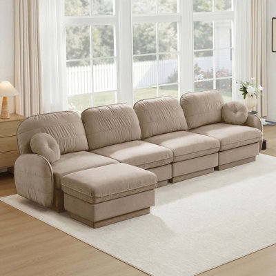 Chenille L-Shaped Sofa with Movable Ottoman and Deep Seat Comfort