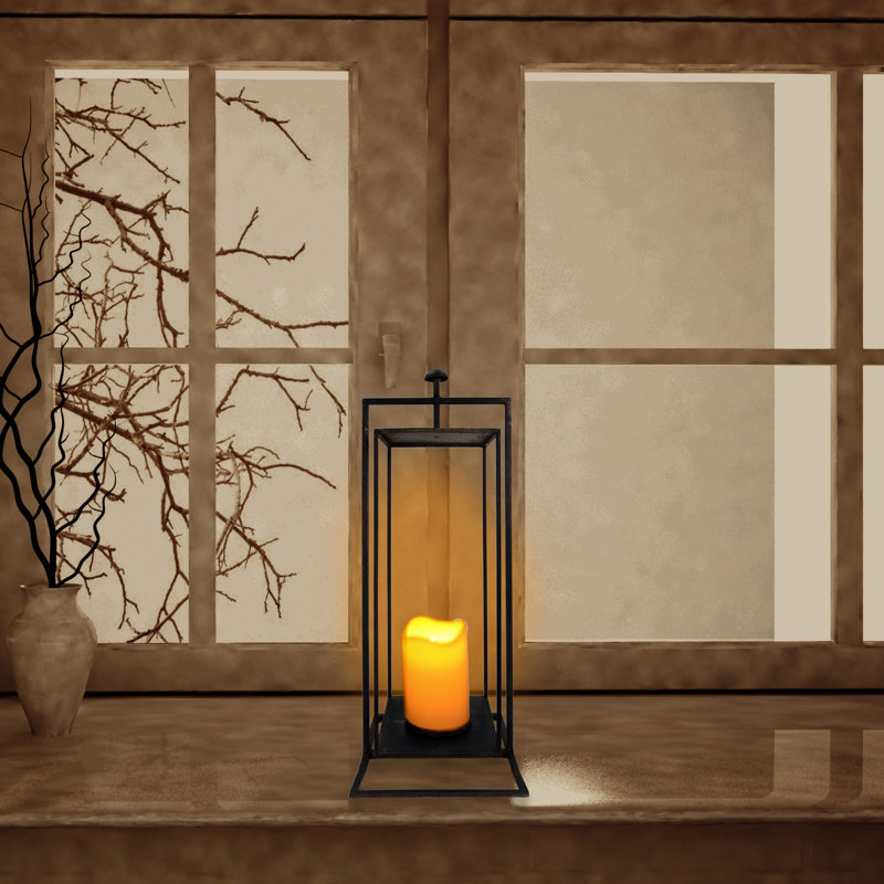 19" Gray Iron Hanging Lantern with Glass Candle Compartment