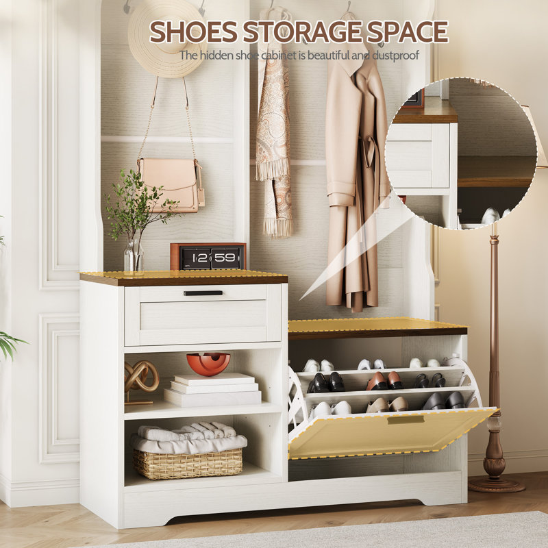 Hall Tree With Bench And Storage, Mdf Wood, Embossed White Walnut Wood Grain, 2-Color Combo, For Entryway, Bedroom, Garage