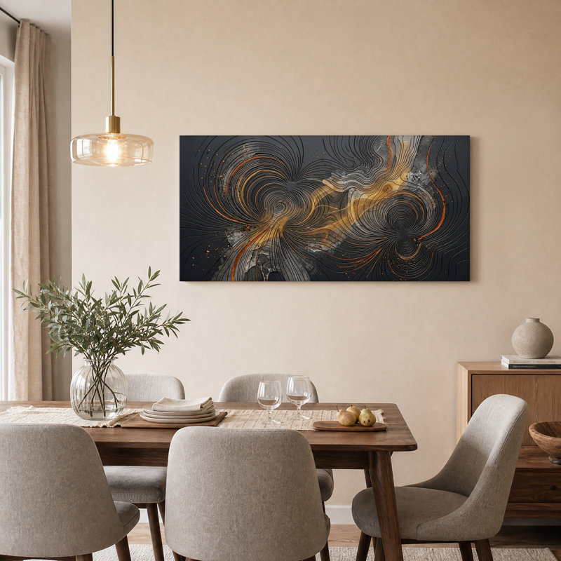 Toile abstraite foncée avec lignes dorées, L 46 po x H 24 po