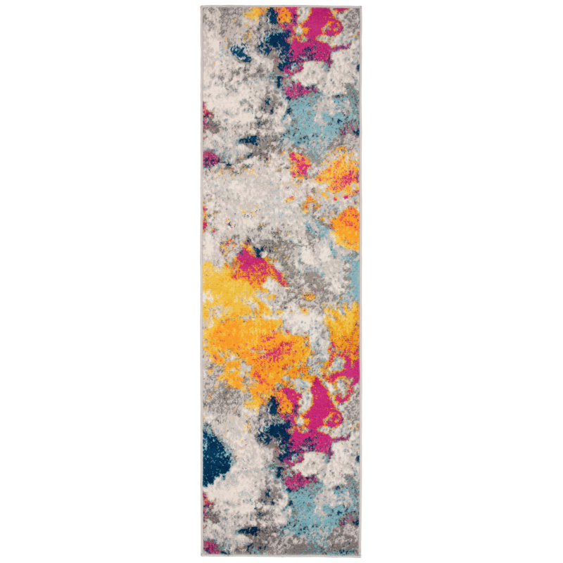 Tapis abstrait ivoire / gris / bleu Noires, Tapis de couloir 2 pi 7 po x 8 pi