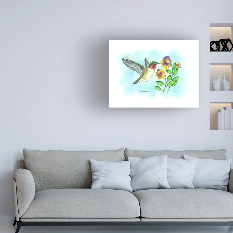 «Dave Bartholet Pansies and Humming Bird», art sur toile, H 14 po x l 19 po