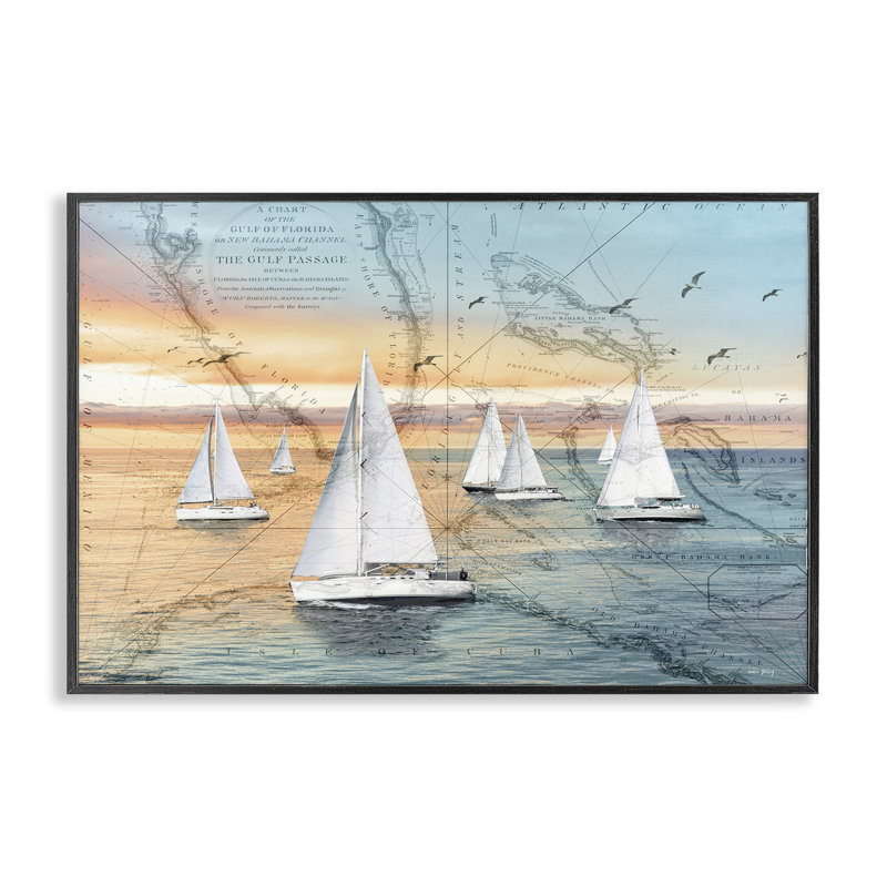 Giclée encadrée de cartes et de bateaux, conception par Amber Sterling, H 12 po x l 18 po, Giclée encadrée noir minuit