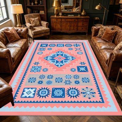 Tapis Blush Blue Patchwork Star pour le salon, doux et confortable, adapté à toutes les saisons, facile à entretenir, tapis de sol intérieur lavable à la machine, sous la table de ferme convenant à la chambre à coucher, à la salle à manger, au bureau, au balcon, au patio de décoration intérieure