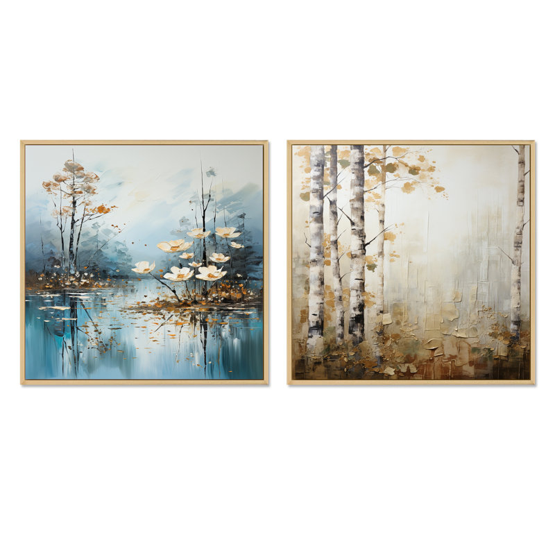 «Minimal River Forest», ensemble de 2 collages carrés, Cadre flottant brun, H 30 po x l 61 po