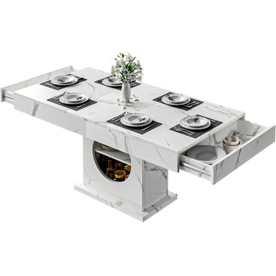 Dining Table for 6, 55 Inch Wood Farmhouse Kitchen Table with 2-Tier Storage Shelf and 2 Drawers, Rectangular Modern Dining Room Dinner Table for Apartment Home Small Space, Marble White