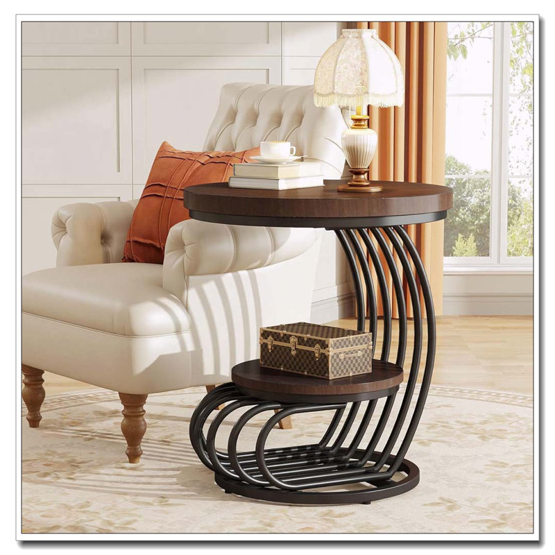 Table d'appoint ronde vintage à 2 niveaux, Brun rustique