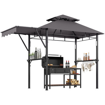 8x5 ft Grill Gazebo with Double-Tiered Roof，Heavy Duty Steel Frame，Side Awning Shelves，Grey