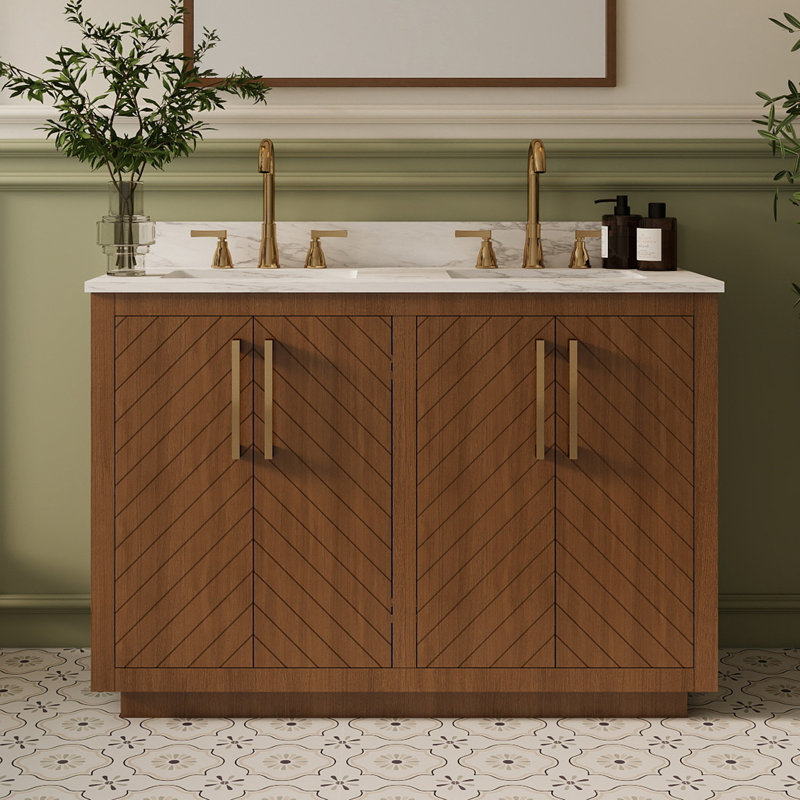Linsay 48" Fully Assembled Rustic Farmhouse Double Sink Bathroom Vanity with Chevron Wood Cabinet, Engineered Marble Countertop