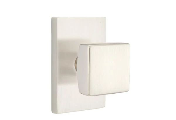 Emtek Passage Interior Mortise Set w/ Modern Rectangular Rosette & Square Knob (LH), Satin Nickel