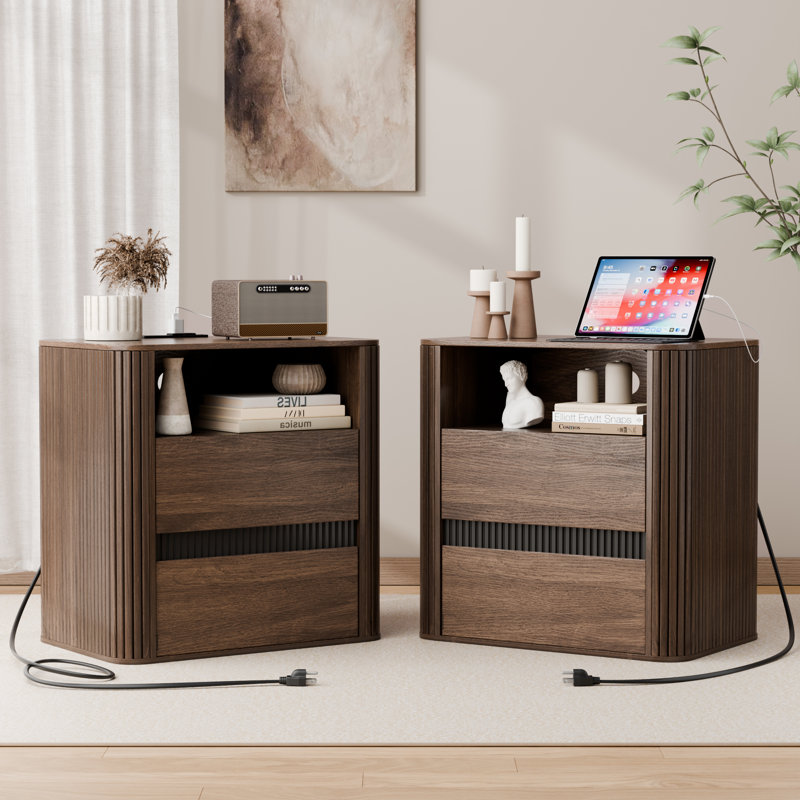 Table de chevet avec 2 tiroirs et station de charge intégrée, Walnut