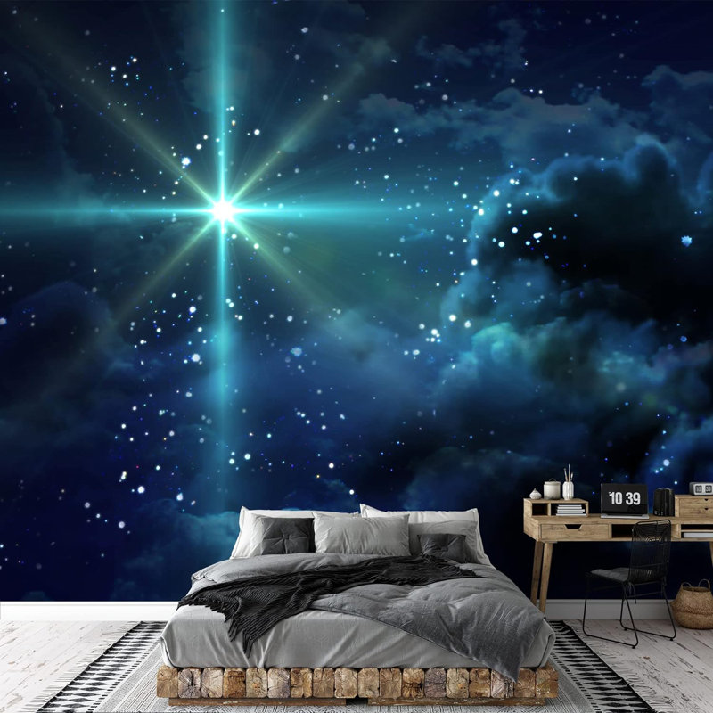 The Shining Star in the Sky Clouds At Night Self-Adhesive Large Wallpaper, 66" L x 96" W