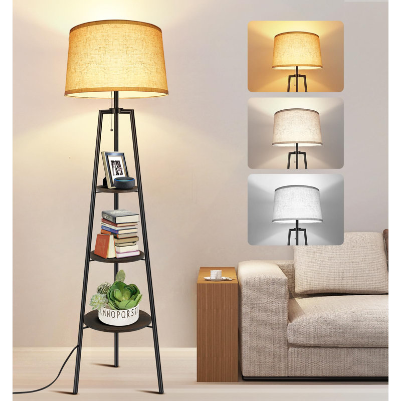 Lampe trépied moderne avec tablettes à 3 niveaux et température de couleur réglable, Noir / brun