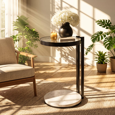 ExpoBazaar 10" W x 10" D x 23.25" H Round Glass Top and White Marble Base Metal Drink Table