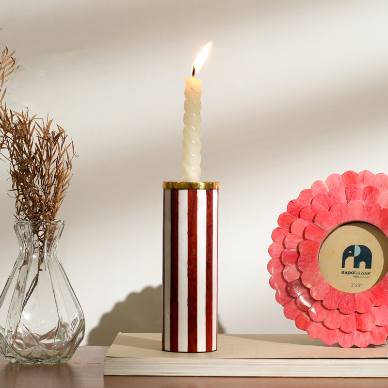 Metal Tabletop Candlestick, Red Stripe