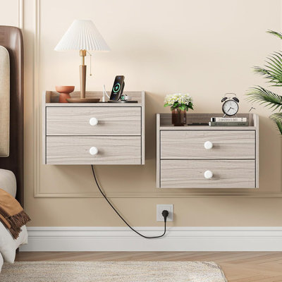 Floating Nightstand Set Of 2 With 2 Storage Drawers And Charging Station Wood Wall Mounted Bedside End Table Modern Night Stands Set 2 For Bedroom,small Space,grey
