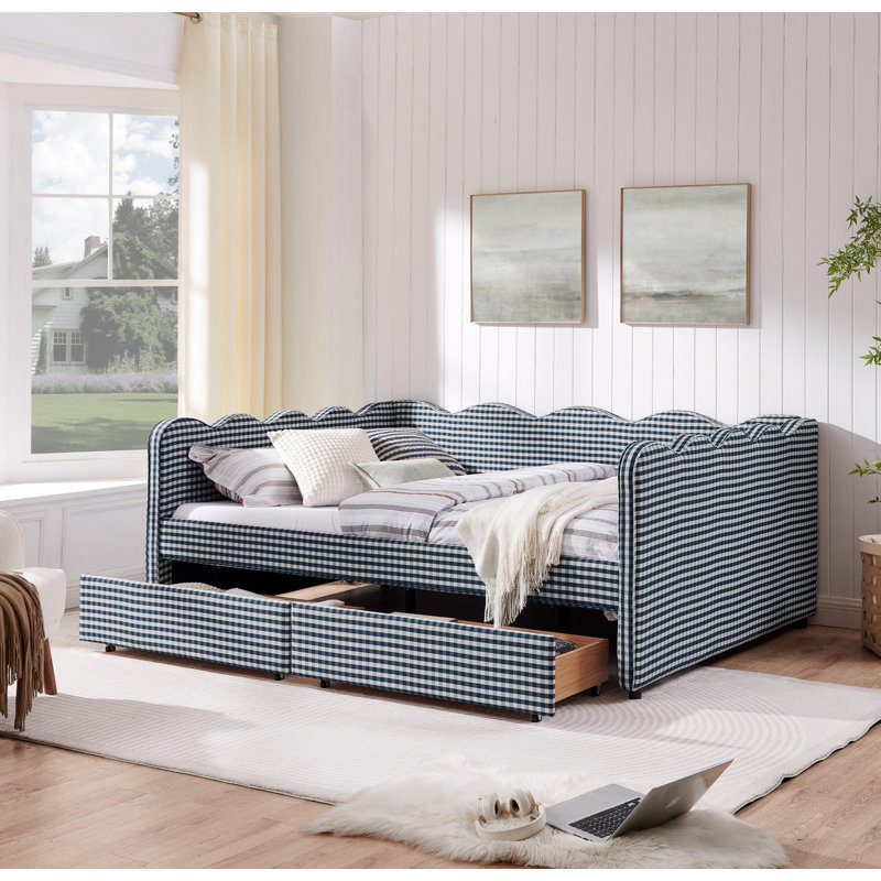 Grand lit de jour confortable en vichy avec deux tiroirs de rangement, avec port USB et adorable tissu en forme de vague