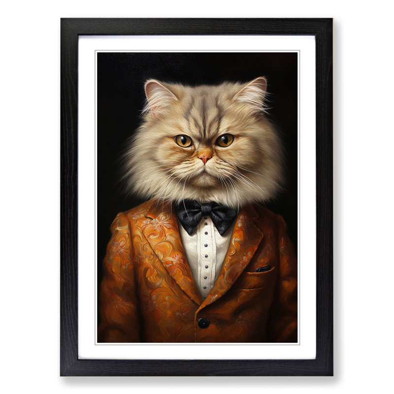 Persian Cat In A Suit No.3 - Single Picture Frame Print on Wood, 64cm H x 46cm W x 2cm D, Black