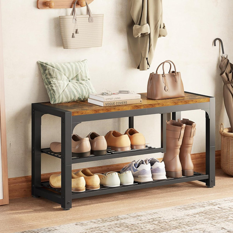 Banc à chaussures, banc à chaussures à 3 niveaux, banc de rangement pour chaussures de 31,5 po pour l'entrée, banc d'entrée industriel rétro avec tablettes en filet et rangement pour bottes