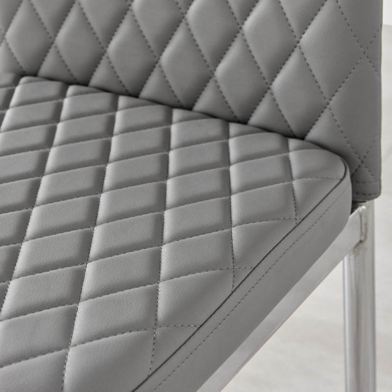 Eubanks Faux Leather Modern Tall Back Dining Chairs with Metal Legs & Diamond Stitching, Grey, Silver, 4