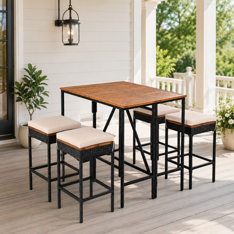 Ensemble de bar et repas d'extérieur en bois d'acacia pour 4 personnes avec plateau pliable et tabourets rembourrés