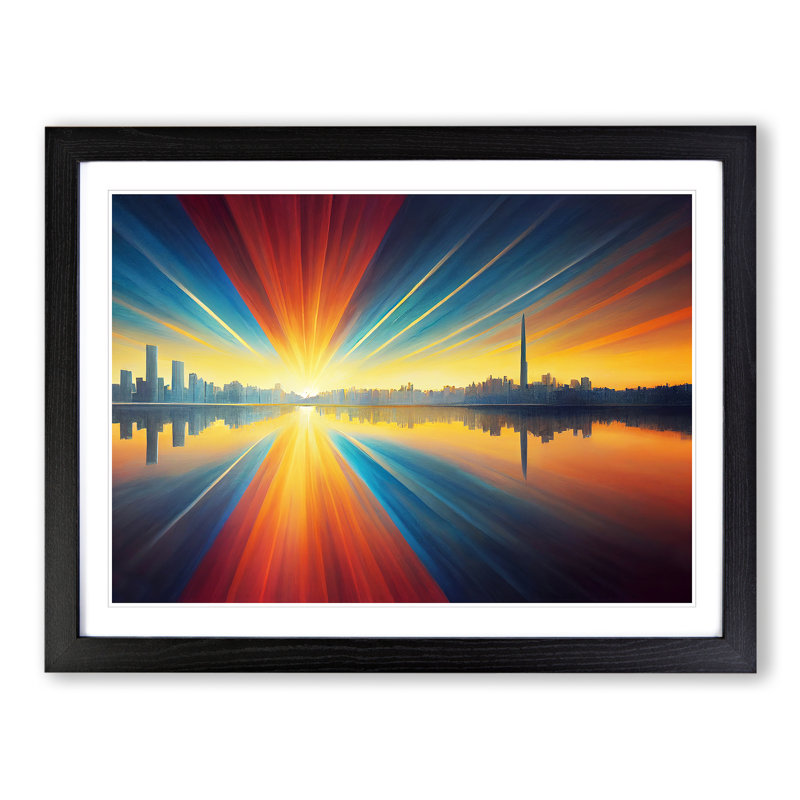 Reflective Skyline - Single Picture Frame Print, 46cm H x 64cm W x 2cm D, Black Framed