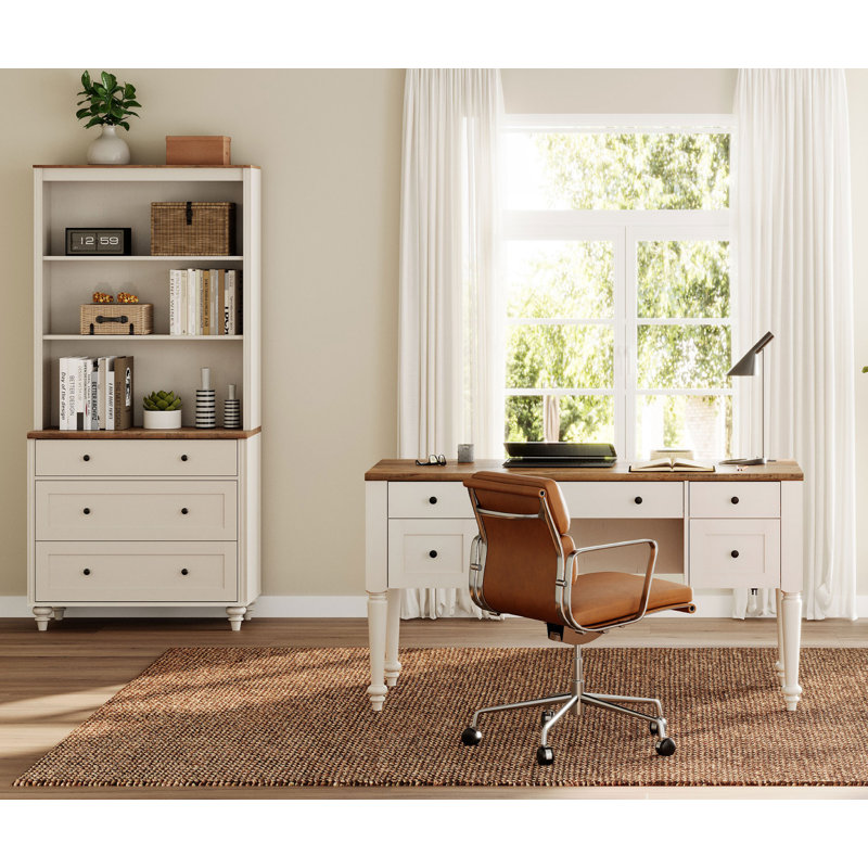2 - Piece Office Set, 56" Executive Desk & Bookcase With Drawers, Brown/White