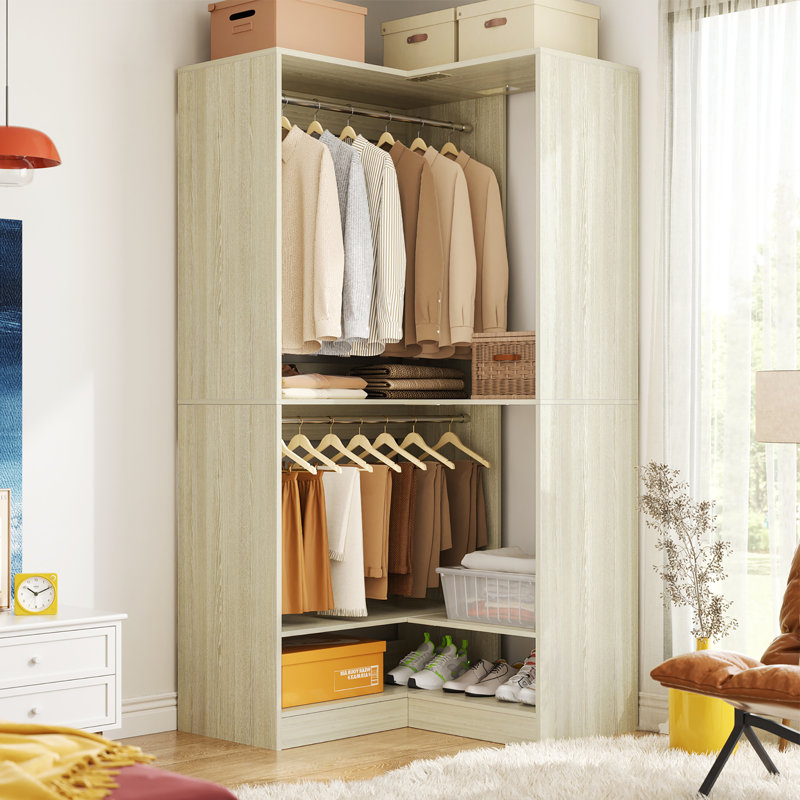 Corner Wardrobe Organizer With Upper & Lower Hanging Areas And Shoe Shelf, Oak Wood
