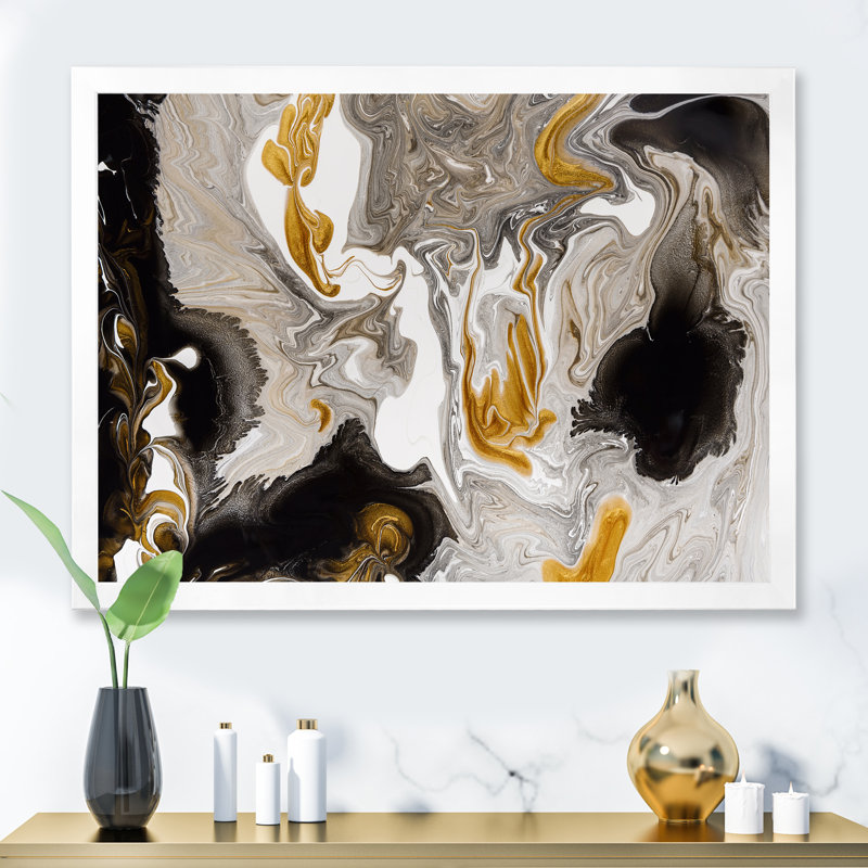 Or et vagues de marbre noir I - peinture sur toile, H 24 po x l 32 po, Impression encadrée, Blanc