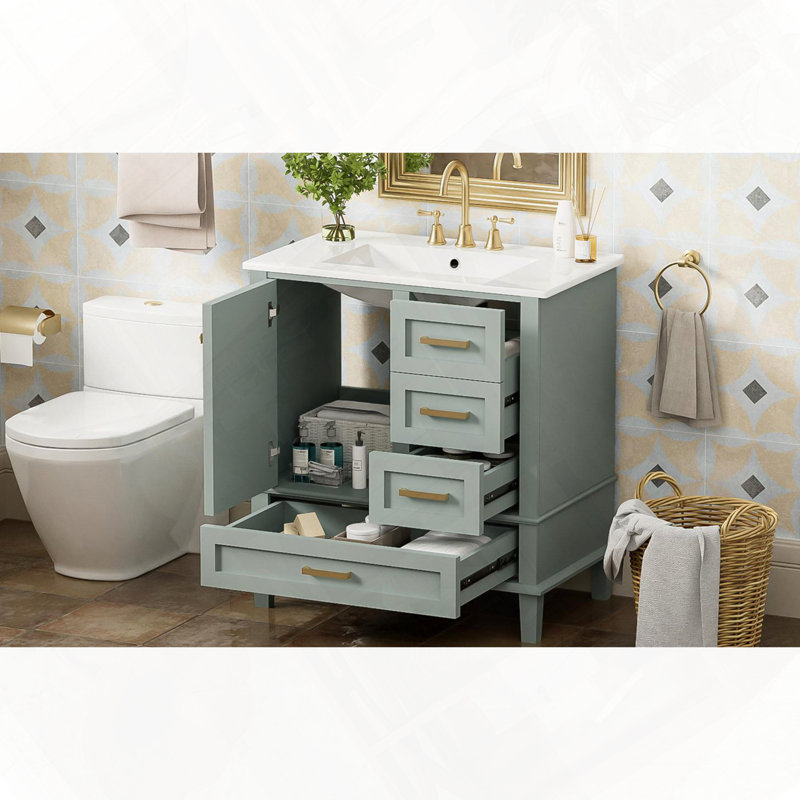 Ensemble de meuble-lavabo avec lavabo et porte à 3 tiroirs, Vert sauge