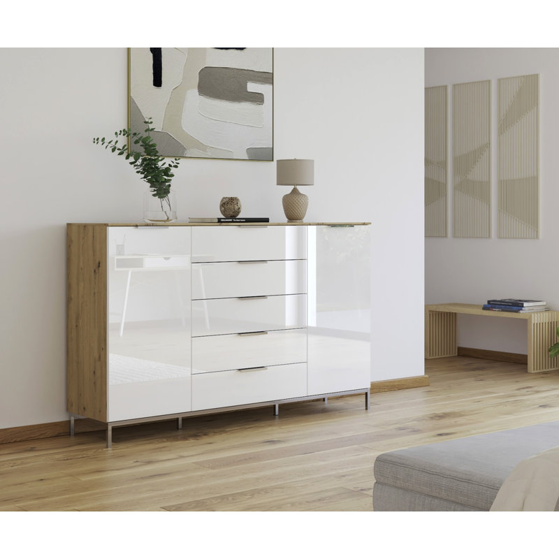5 - Drawer Chest of Drawers, Artisan Oak/White Glass/Chrome