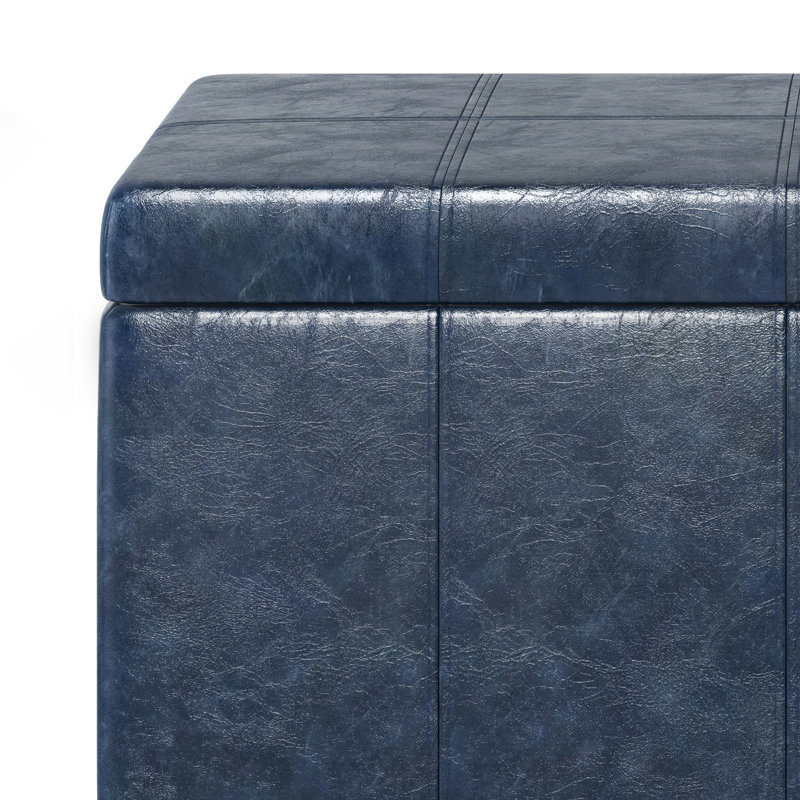 Denim Blue Tufted Faux Leather Storage Footstool
