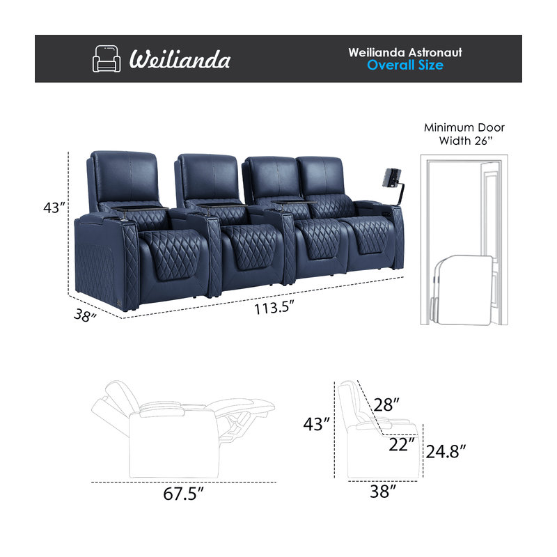 Canapé inclinable électrique Haiylee , Cuir véritable bleu