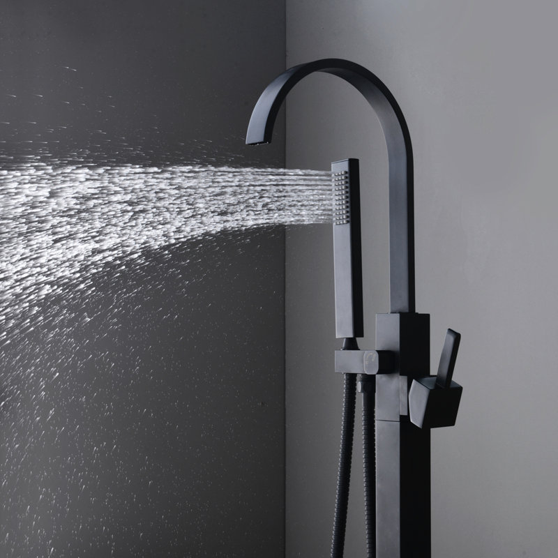 Robinet de baignoire à fixation au sol en céramique avec douche à main - Robinet de baignoire autoportant noir et installation facile
