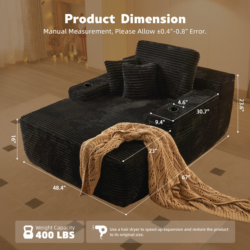 Canapé modulaire rembourré 1 pièce Boneless, Velours côtelé noir