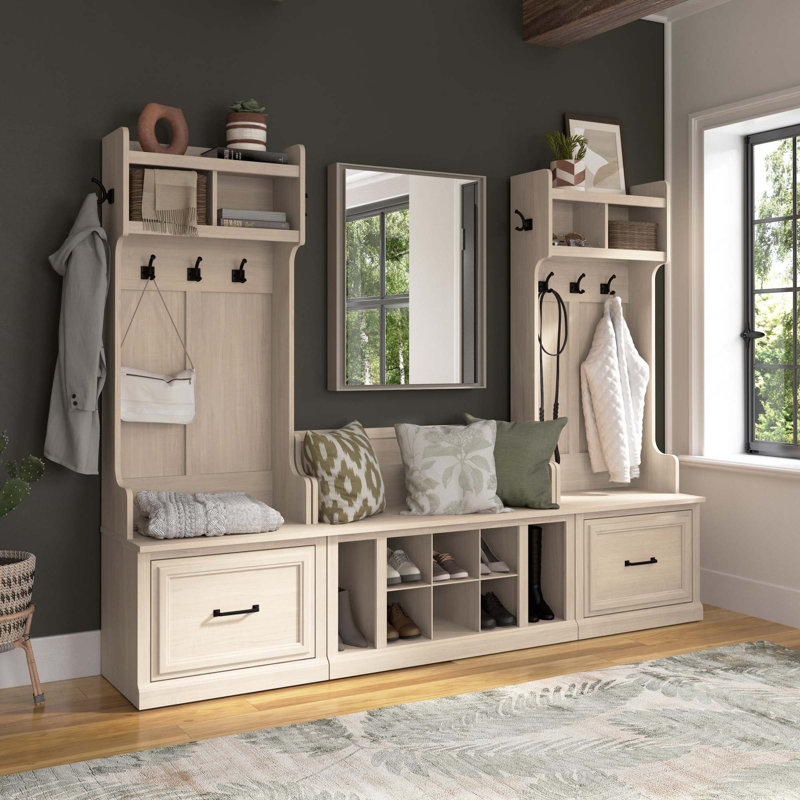 Arulappu Hall Tree with 40W Bench and Shoe Storage, White Washed Maple
