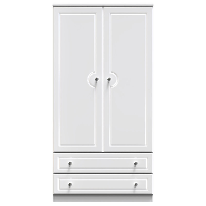 Conover Wide 2 Drawer Double Wardrobe , White Gloss/White
