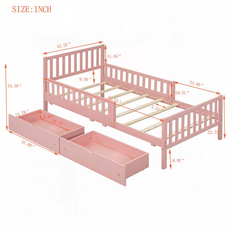 Lit plateforme en bois avec garde-corps des deux côtés et deux tiroirs de rangement, Lit simple, Rose