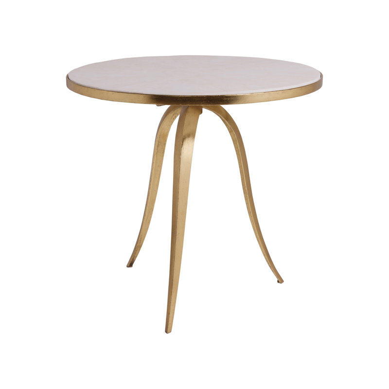 Gold and White Stone Round End Table with Metal Legs
