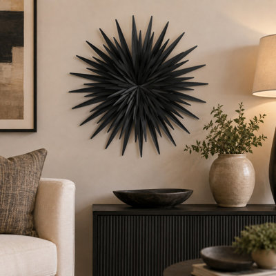 Black Metal Sunburst Large Layered 3D Home Wall Decor, 28" x 3" x 28"