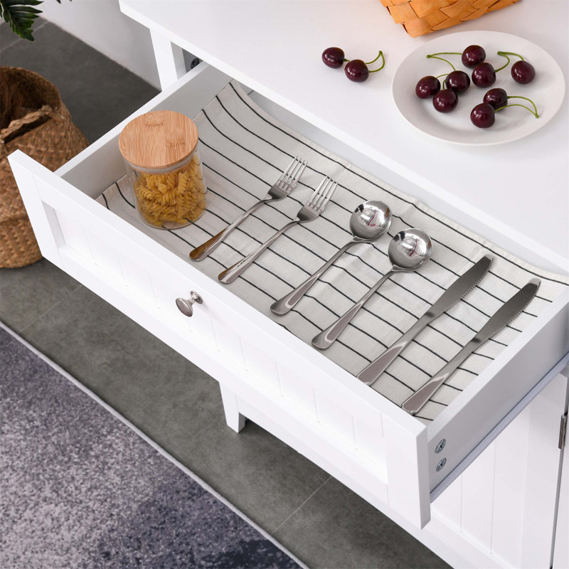 Elegant Buffet With Hutch, Kitchen Pantry Storage Cabinet With Framed Glass Door, Drawer, And Microwave Space, White
