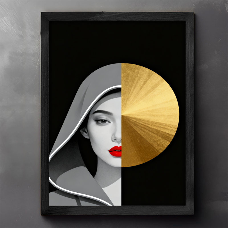 Comparaison rétro encadrée noire entre objets moitié-visage et demi-cercle, art rétro, H 11 po x l 9 po